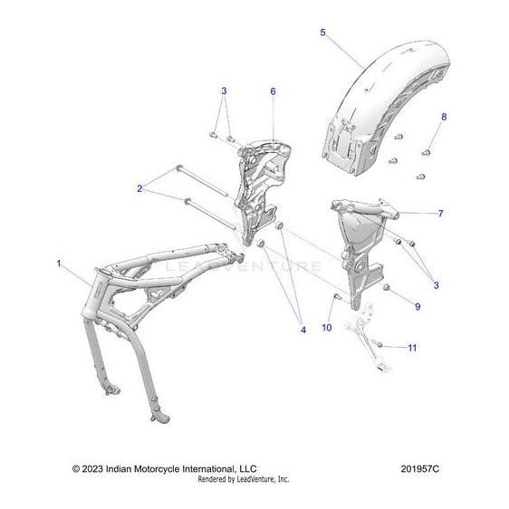 Exploded diagram of a motorcycle frame assembly showing all numbered components, including the Mainframe Weld V2 Wblk by Polaris, subframe, factory-direct parts, rear fender, mounting brackets, and connecting hardware.