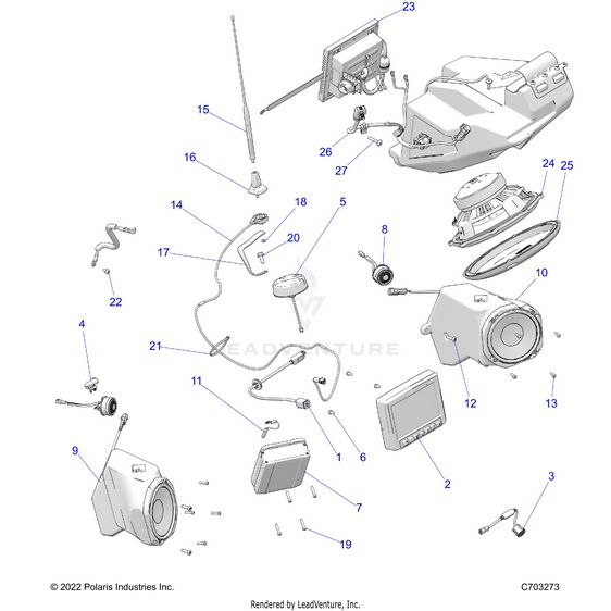 An Image of a Genuine Polaris Parts Schematic Diagram showing the schematic - ELECTRICAL: OPTION AUDIO FRONT - 2023 POLARIS RZR PRO R 4 ULTIMATE TROY LEE DESIGNS