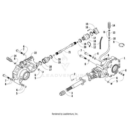 Exploded technical diagram of the Arctic Cat Rear Gearcase, with numbered OEM parts like shafts, gears, housings, bolts, and springs for easy assembly reference of the Arctic Cat 1502-405 rear gearcase.