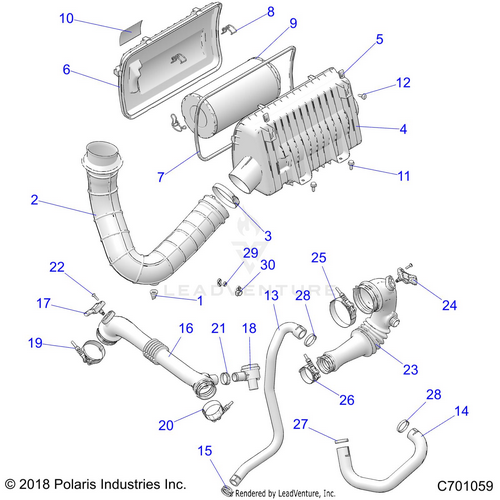 An Image of a Genuine Polaris Parts Schematic Diagram showing the schematic - ENGINE: AIR INTAKE SYSTEM - 2020 POLARIS RZR TURBO S VELOCITY