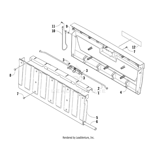 Exploded diagram of the Complete Tailgate Assembly by Arctic Cat, showing labeled panels, screws, and brackets with assembly order and placement details for use in a technical or repair manual.