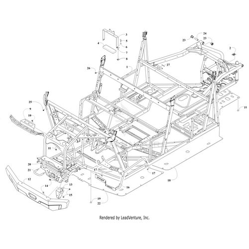 Line drawing of a vehicle chassis with exploded view and numbered parts, highlighting the Main Frame (Inc. 2) by Arctic Cat and frame components. Find genuine Arctic Cat Main Frame (Inc. 2) at Witchdoctors.com.