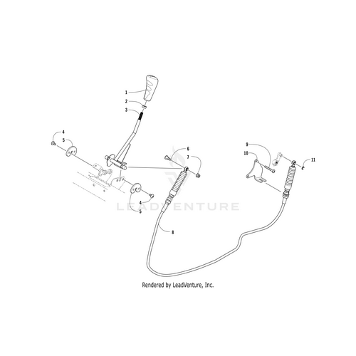 Diagram of an Axle Shift assembly by Arctic Cat with labeled components like shift lever, linkage, brackets, and cables. Great for identifying OEM parts in Wildcat, Prowler, and Alterra models; includes connections and assembly steps.