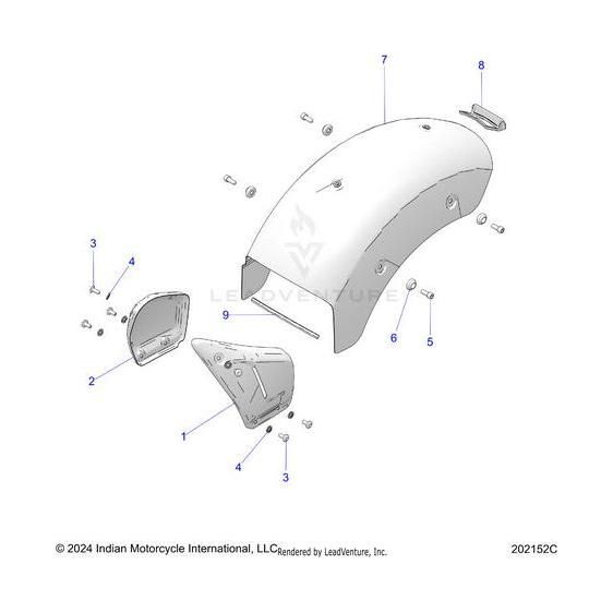 Exploded diagram of an Indian Motorcycle fender assembly with labeled parts, including Cover Side LH Gl Black by Polaris, the main fender, screws, OEM hardware, and reference numbers for each component.