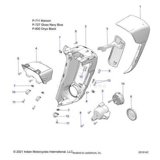 Exploded diagram of a motorcycle headlamp assembly with numbered parts and maroon, navy blue, and black color codes. Features the Fairing Lower Outer RH Aljade by Polaris, clearly labeled alongside other components for easy identification.