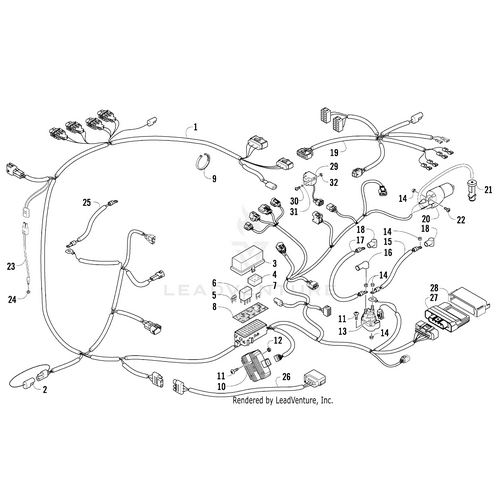 Labeled black and white diagram showing a Power Distribution Module Decal (08 H2) by Arctic Cat with numbered connectors and wiring, useful for referencing OEM parts or installing UTV accessories. No specific parts are visually identified.