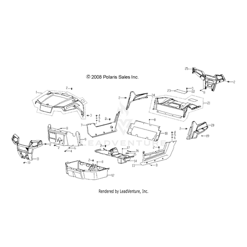An Image of a Genuine Polaris Parts Schematic Diagram showing the schematic - BODY: HOOD BUMPERS PANELS FLOOR and RACK - 2020 POLARIS RZR 170