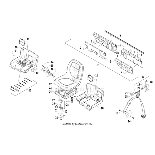 Exploded diagram of a vehicle seat assembly, featuring labeled parts such as the Seat Panel - Front Right by Arctic Cat, backrest, side panels, screws, brackets, and cables. Shop OEM Arctic Cat parts at Witchdoctors.com.