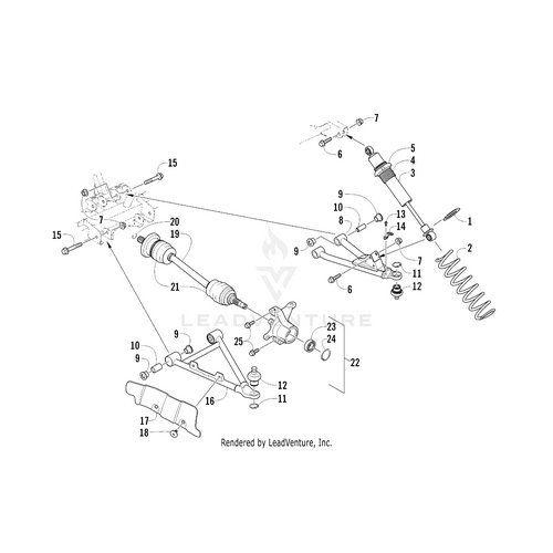 Exploded diagram of an automotive suspension and steering system, with labeled parts like shocks, springs, control arms, and axles—perfect for identifying OEM Arctic Cat parts such as the A-Arm - Upper Right Platinum (Inc. 9-12) by Arctic Cat.