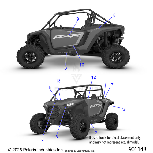 An Image of a Genuine Polaris Parts Schematic Diagram showing the schematic - BODY: DECALS - 2026 POLARIS RZR XP 1000 SPORT