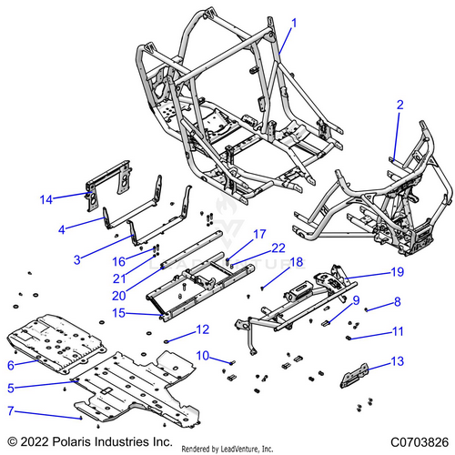 An Image of a Genuine Polaris Parts Schematic Diagram showing the schematic - CHASSIS: MAIN FRAME AND SKID PLATES - 2023 POLARIS RZR XP 1000 PREMIUM RIDE COMMAND