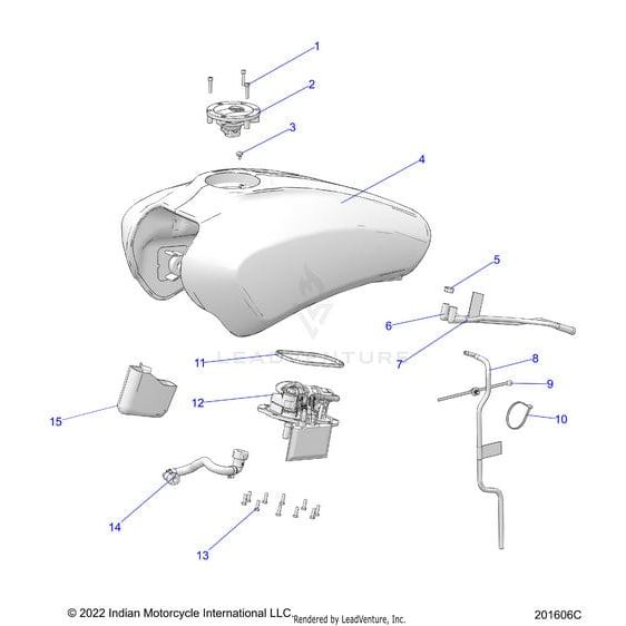 Exploded diagram of the Weld Tank Fuel Ms Stlthgrey [Stealth Grey] by Polaris, showing the tank and labeled OEM parts, such as the fuel cap, fuel pump, hoses, and mounting hardware.