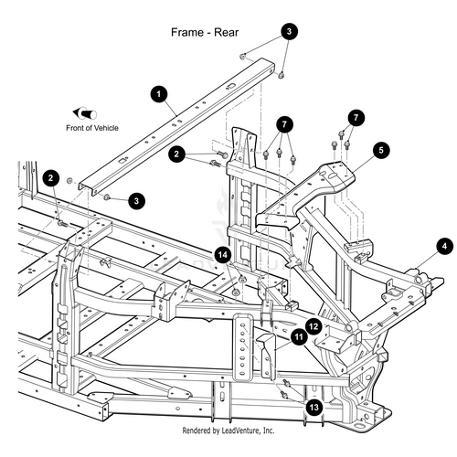 Diagram of a vehicles rear frame assembly with numbered parts and bolts, showing the Front of Vehicle on the left. Features OEM Arctic Cat parts, highlighting the Frame Weld (Powdercoat) by Arctic Cat.