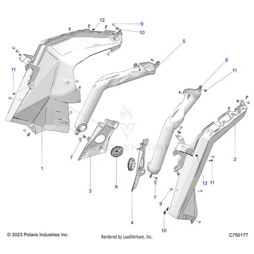 An Image of a Genuine Polaris Parts Schematic Diagram showing the schematic - BODY: FRONT FLARES AND DUCTING - 2025 POLARIS RZR PRO R ULTIMATE