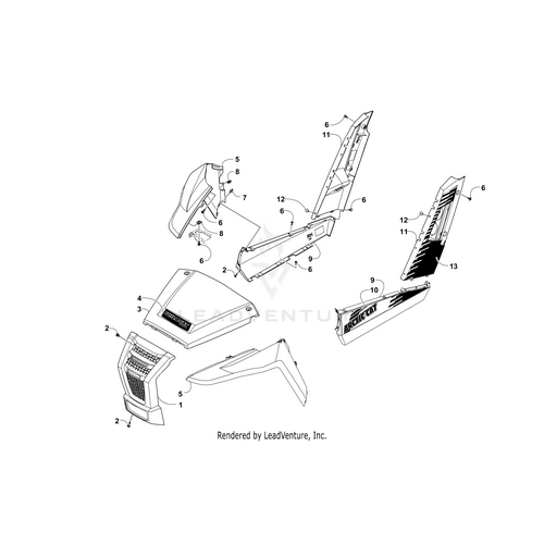 Exploded diagram of motorcycle body panels, showing numbered assembly positions for parts like the Front Fender - Right - Green by Arctic Cat, plus side and rear components. Each OEM Arctic Cat part, including this front fender, is clearly labeled.