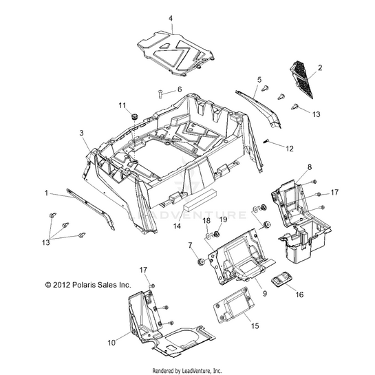 An Image of a Genuine Polaris Parts Schematic Diagram showing the schematic - BODY: REAR RACK and FENDERS - 2015 POLARIS RZR 570