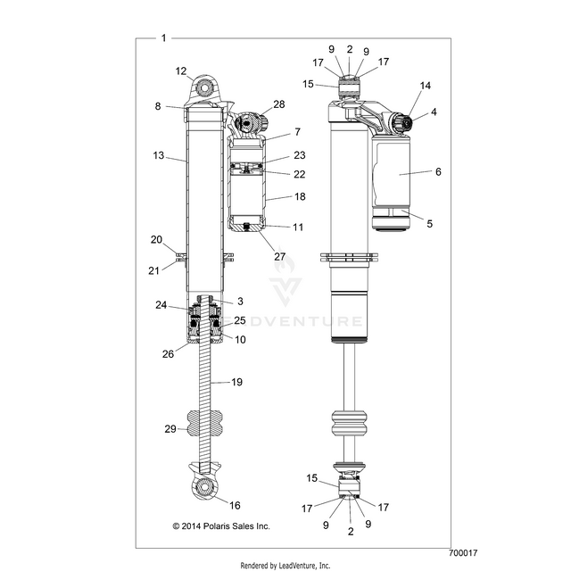 An Image of a Genuine Polaris Parts Schematic Diagram showing the schematic - SUSPENSION: FRONT SHOCK - 2019 POLARIS RZR S 4 1000