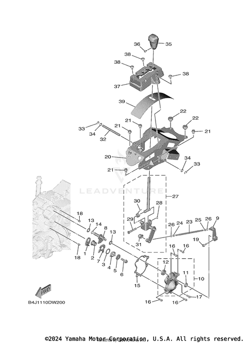 Exploded view diagram of a Yamaha motorcycle gear shift assembly, detailing parts like levers, rods, the Shift Bracket Support by Yamaha, springs, bolts, and connectors with numbered labels for genuine Yamaha parts identification.