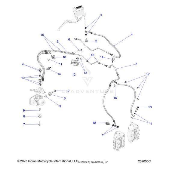 Technical diagram of a motorcycle brake line system showing numbered parts—hoses, connectors, reservoir, calipers, fasteners—including the Hose Brake Abs Fcal Sp by Polaris OEM—linked with lines indicating their assembly positions.