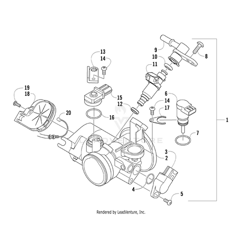 Exploded diagram of a mechanical assembly displaying numbered parts, such as gears, screws, connectors, and the Throttle Cable by Arctic Cat, with several components separated from the main body for clarity.
