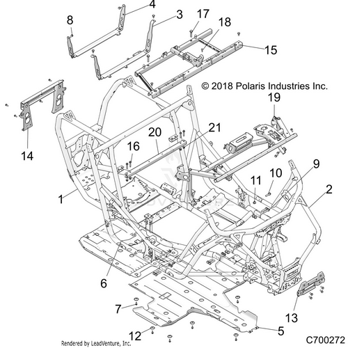 An Image of a Genuine Polaris Parts Schematic Diagram showing the schematic - CHASSIS: MAIN FRAME AND SKID PLATES - 2019 POLARIS RZR XP 1000