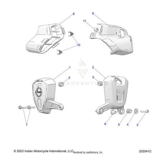 Exploded diagram features four Indian Motorcycle OEM parts, each labeled for assembly, including the Grommet Iso 15Odx8.1Idx14H by Polaris with individual screws and fasteners shown for reference.
