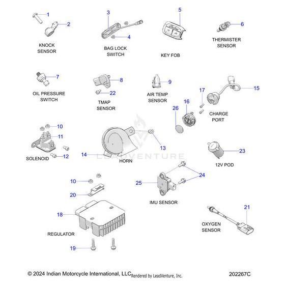 Labeled diagram of motorcycle electrical components, including Indian Motorcycle OEM parts like the Sensor Imu Bosch [Rider Assist Models Only] by Polaris. Each Polaris factory-direct part is numbered and named for easy reference.
