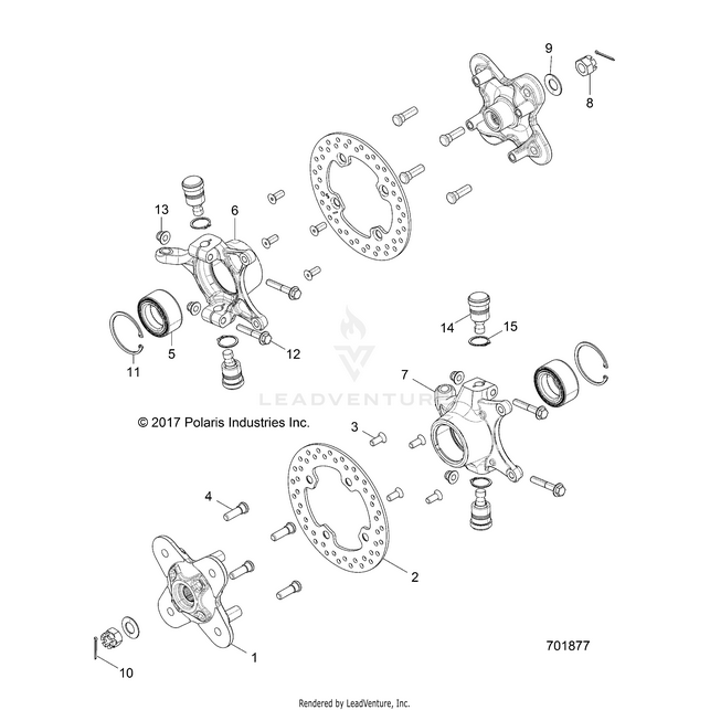 An Image of a Genuine Polaris Parts Schematic Diagram showing the schematic - SUSPENSION: FRONT CARRIER - 2018 POLARIS RZR S 1000 EPS