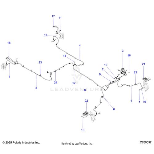 An Image of a Genuine Polaris Parts Schematic Diagram showing the schematic - BRAKES: BRAKE LINES AND MASTER CYLINDER - 2025 POLARIS RZR PRO XP PREMIUM