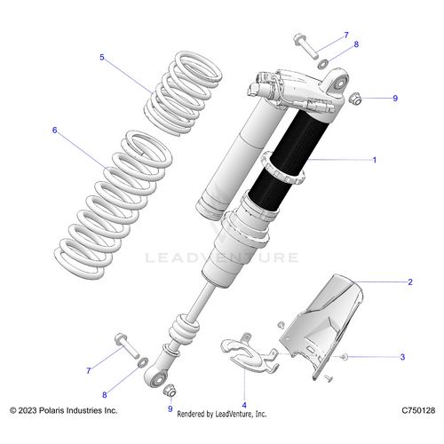 An Image of a Genuine Polaris Parts Schematic Diagram showing the schematic - SUSPENSION: REAR SHOCK & MOUNTING - 2025 POLARIS RZR PRO R SPORT