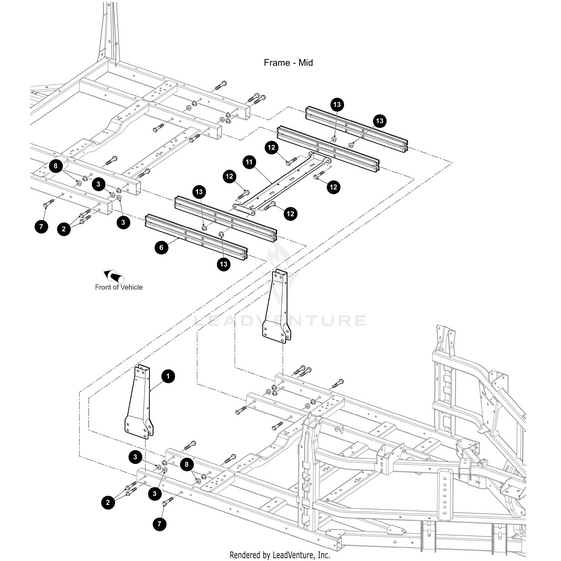 Exploded diagram of a mid-frame vehicle section, showing Arctic Cat Connector Frame Extruded Black structural beams and mounting points with numbered labels; an arrow indicates the vehicles front.