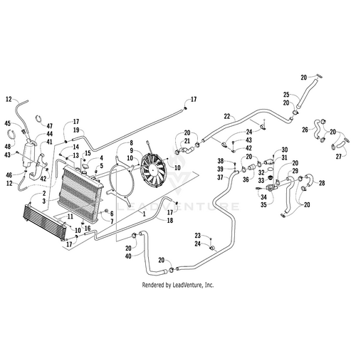 Exploded diagram of an automotive cooling system with labeled parts—radiator, fan, hoses, clamps, connectors, and the Arctic Cat Thermostat Housing - Mach (Rb 0808-189)—each numbered for easy ID. Perfect for finding OEM Arctic Cat components.