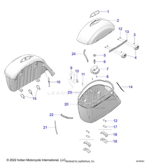 Exploded diagram of the Bin Saddlebag RH Imcr/Ivyc/Gx [Indian Red/Ivory Cream W/ Gfx] by Polaris, with factory-direct components like lid, locks, hinge, mounting hardware, and OEM part numbers clearly labeled.