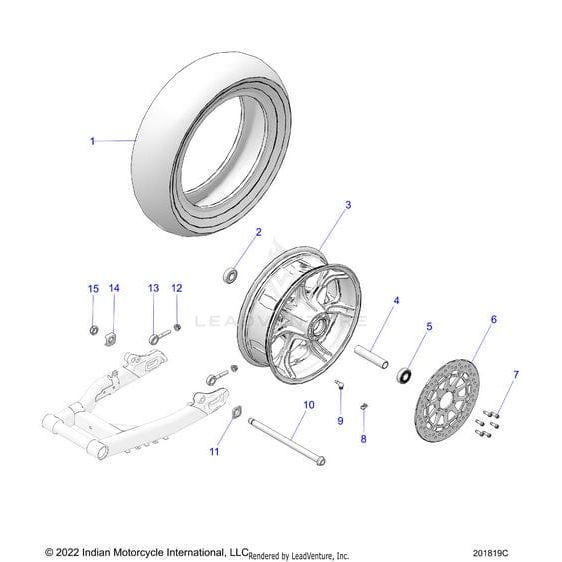 Exploded diagram of the Polaris Wheel Cast 16X5.0 Rear | [Incl. 2 4 5 9], showing labeled parts such as tire, OEM wheel, brake disc, axle, spacers, bolts, and swingarm with reference numbers.