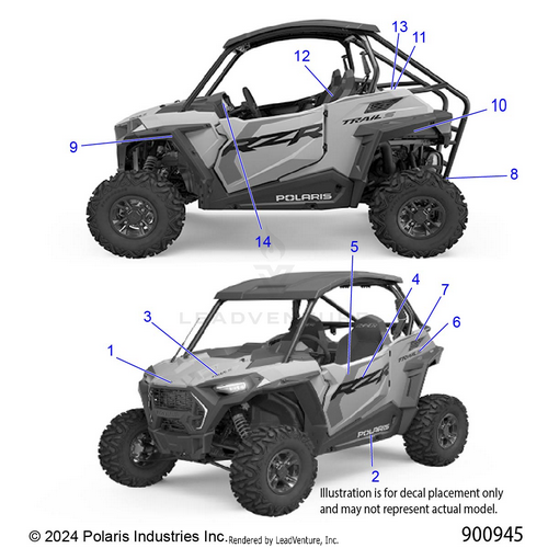 An Image of a Genuine Polaris Parts Schematic Diagram showing the schematic - BODY: DECALS - 2026 POLARIS RZR TRAIL S 1000 ULTIMATE