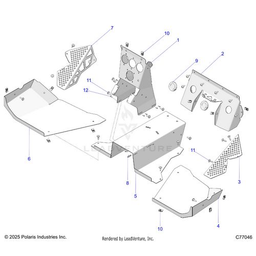 An Image of a Genuine Polaris Parts Schematic Diagram showing the schematic - BODY: CENTER AND FLOOR PANELS - 2025 POLARIS RZR PRO R RACE