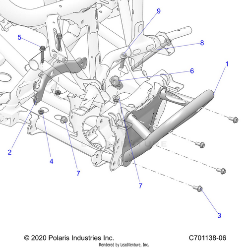 An Image of a Genuine Polaris Parts Schematic Diagram showing the schematic - CHASSIS: FRONT GEARCASE AND BUMPER MOUNTING - 2024 POLARIS RZR PRO R 4 PREMIUM