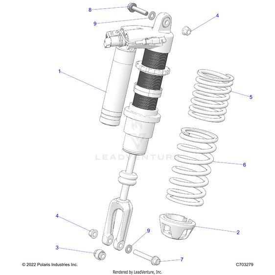 An Image of a Genuine Polaris Parts Schematic Diagram showing the schematic - SUSPENSION: FRONT SHOCK MOUNTING - 2023 POLARIS RZR PRO R 4 ULTIMATE TROY LEE DESIGNS