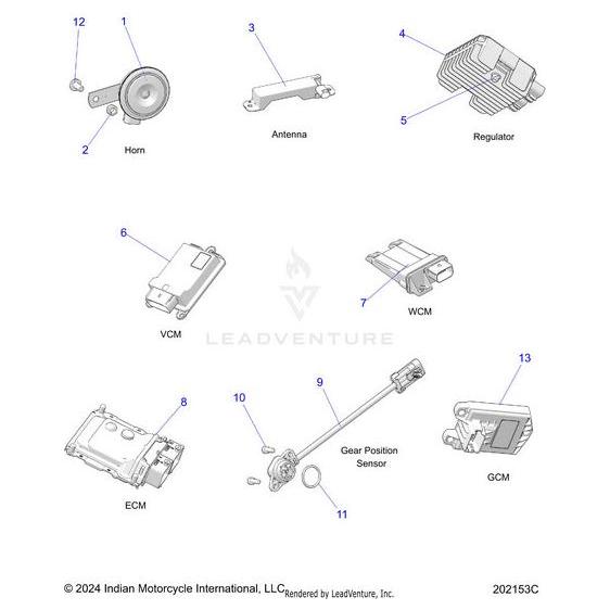A labeled diagram showcasing motorcycle electrical parts—including the Ecm Hard Mg1 112P 3Lsf by Polaris (dealer install required), horn, regulator, and gear position sensor—surrounds the LeadVenture logo to help identify Indian Motorcycle and Polaris OEM parts.