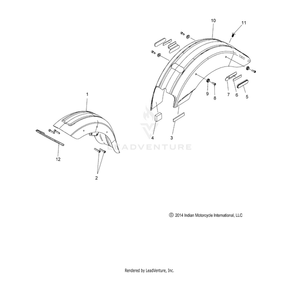 Technical diagram displaying an exploded view of the Fender Rear Prl White 2 by Polaris assembly, with numbered OEM parts, bolts, curved fender, and small brackets—all clearly labeled to show the precise assembly sequence.