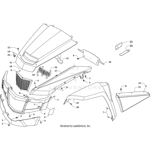 Exploded diagram detailing numbered front-end car parts—hood, grille, bumper cover, fender, and hardware—comparable to OEM Arctic Cat Side Panel - Front - Left - Black or a Wildcat side panel breakdown.