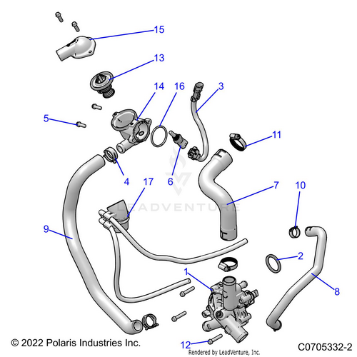 An Image of a Genuine Polaris Parts Schematic Diagram showing the schematic - ENGINE: WATERPUMP AND BYPASS - 2022 POLARIS RZR PRO XP 4 SPORT