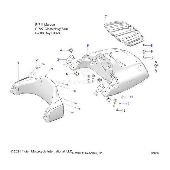 Exploded diagram of Lid Trunk Aljade by Polaris with numbered parts including side covers, brackets, bolts, and trunk lid—shown in maroon, navy blue, and onyx black—featuring genuine Polaris OEM options.