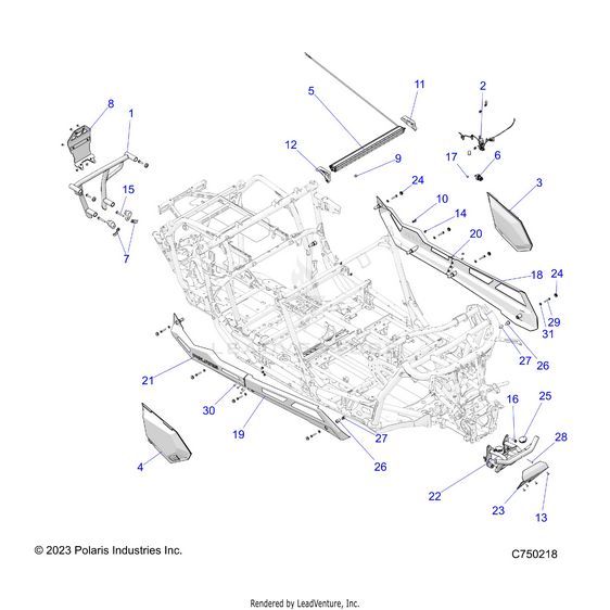 An Image of a Genuine Polaris Parts Schematic Diagram showing the schematic - ACCESSORY: BUMPERS AND ROCKERS - 2023 POLARIS RZR PRO R 4 ULTIMATE TROY LEE DESIGNS