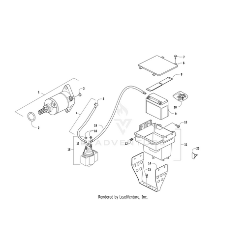 Exploded diagram of an electrical assembly displaying labeled parts, such as Battery Ytx20L-Bs (Inc. 10) by Arctic Cat, wires, box, motor, fasteners, and brackets—showing how OEM Arctic Cat components fit together.