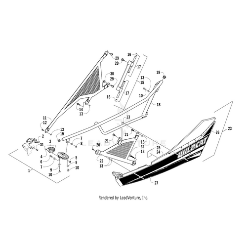 Exploded diagram of side panels and components for Arctic Cat Wildcat featuring OEM parts like body panels, vents, screws, brackets, and the Door Panel-W/Decals-Blk-Right (Inc. 24 And 26-77) by Arctic Cat for precise assembly reference.