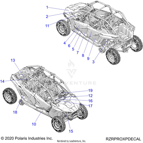 An Image of a Genuine Polaris Parts Schematic Diagram showing the schematic - BODY: DECALS - 2020 POLARIS RZR PRO XP 4