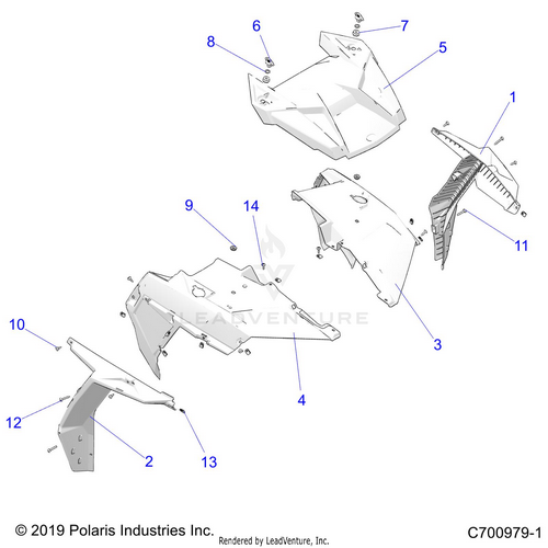 An Image of a Genuine Polaris Parts Schematic Diagram showing the schematic - BODY: HOOD AND FRONT BODY WORK - 2021 POLARIS RZR XP 4 1000
