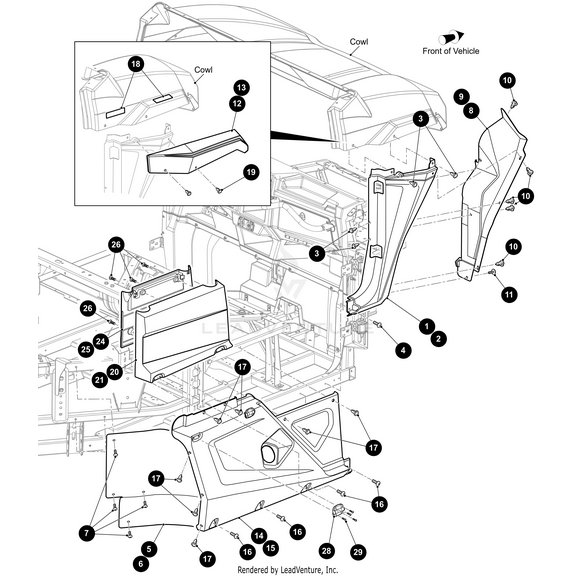 Exploded diagram of a vehicle’s cowl assembly, showing numbered parts and their positions. An inset highlights the Fender Flare Left by Arctic Cat, detailing its components and attachment points.