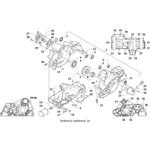Technical diagram of the Arctic Cat Crankcase Assembly W/Bearings (H2 K) (Inc. 2-14), displaying numbered gears, bolts, covers, and shafts from various angles for OEM part reference and identification.